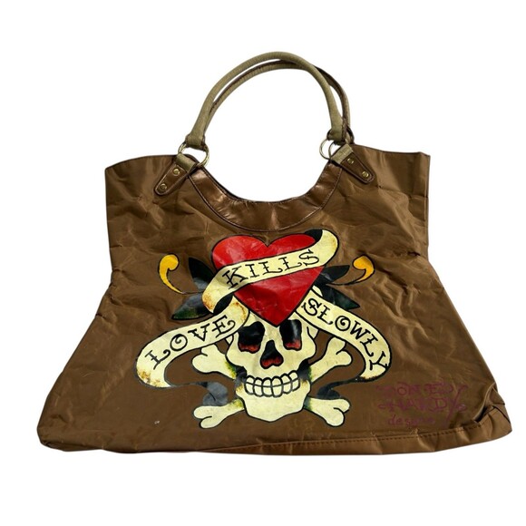 VINTAGE Y2K ED HARDY VINYL SHOULDER TOTE BAG PURSE LOVE KILLS SLOWLY SKULL EUC - Picture 1 of 10